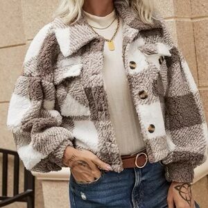 Plaid Sherpa Cropped Jacket | Brown/Cream | Size M